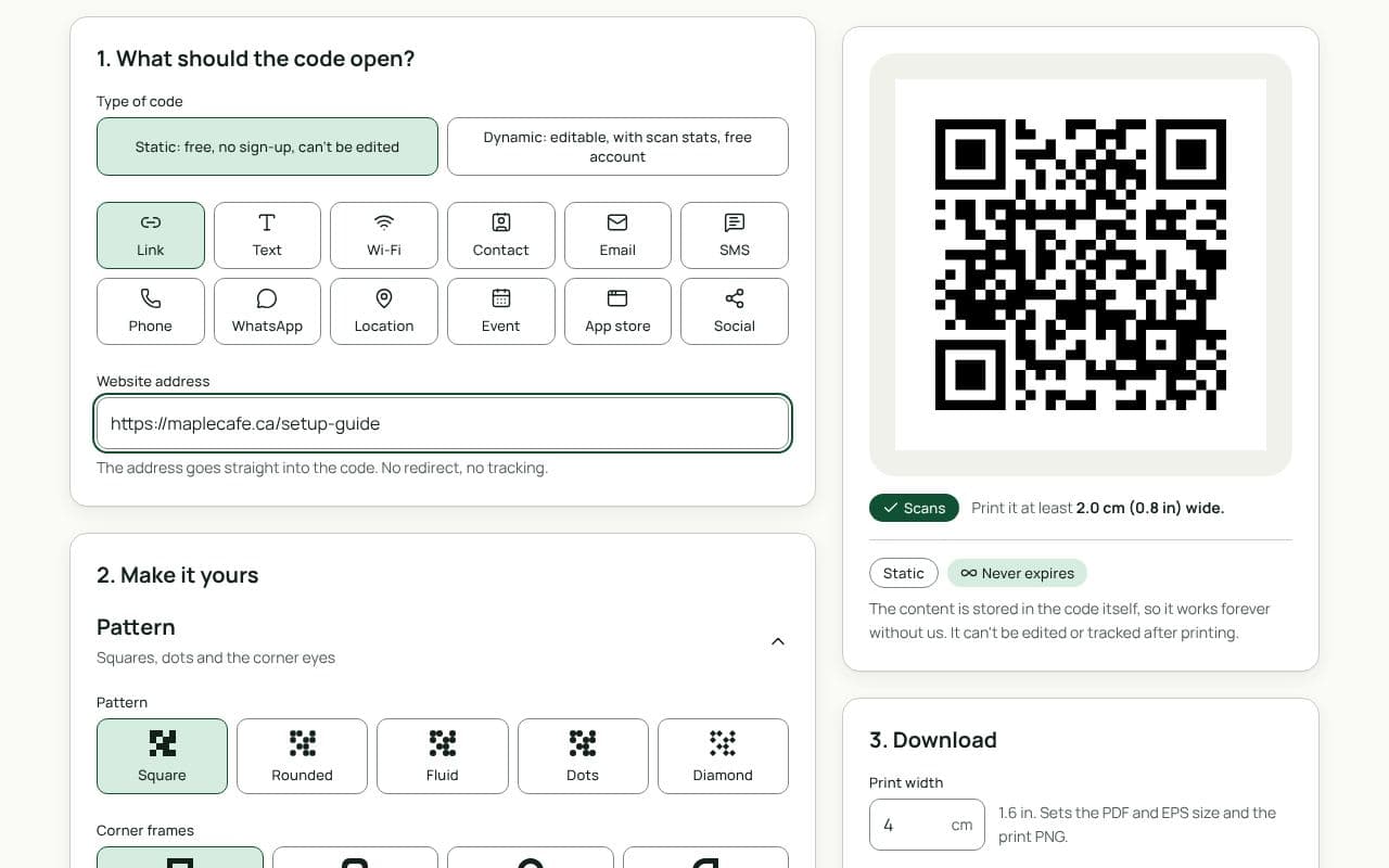 The QRfinity generator with Link selected, a setup guide address in “Website address”, a “Setup guide” frame, and the preview showing a scannable code.