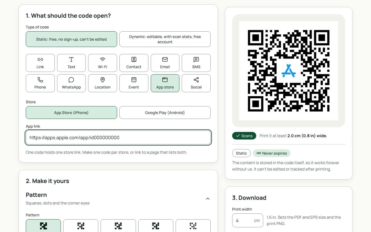The QRfinity generator with App store selected, Google Play chosen as the store, an app link pasted in, and the preview showing a scannable code.