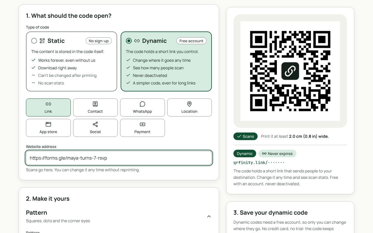 The QRfinity generator with an RSVP form link in “Website address” and a preview of the scannable code.