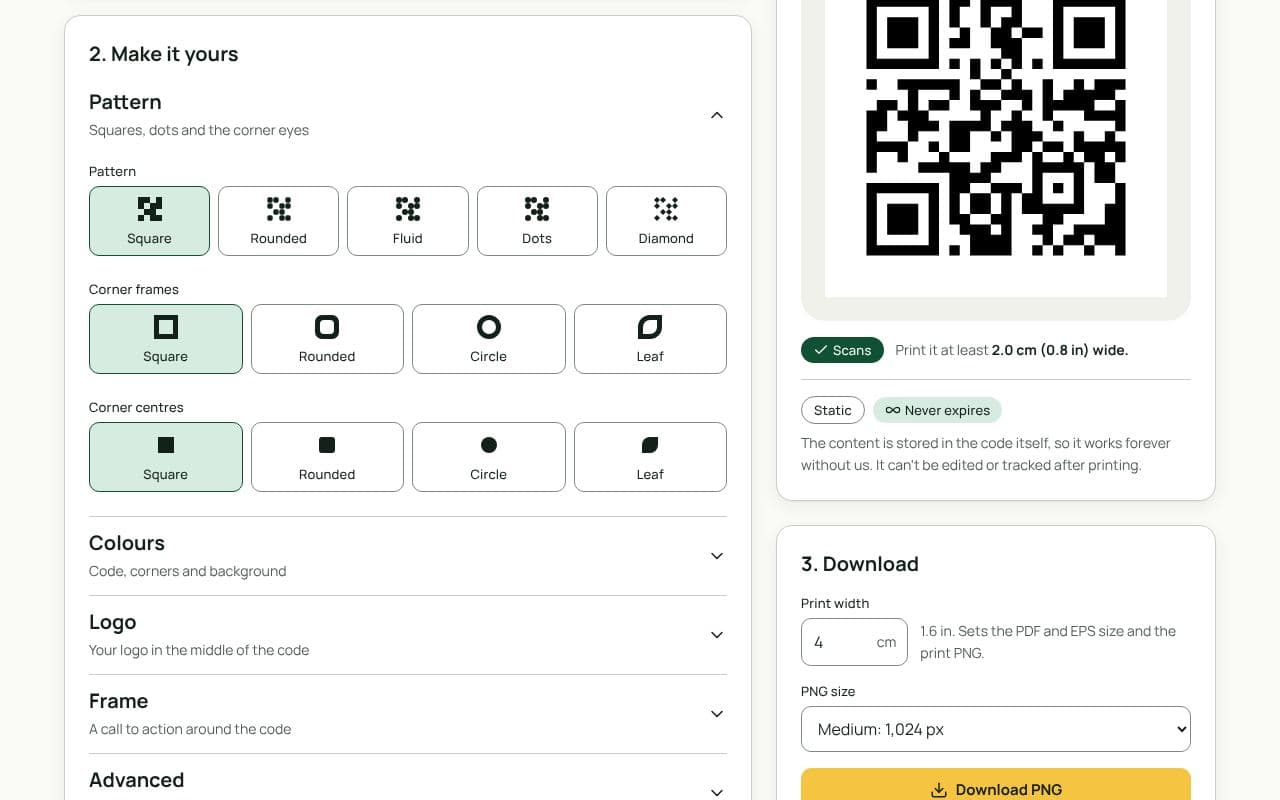 The QRfinity generator’s saved design templates panel, showing several saved designs ready to apply to a new code.