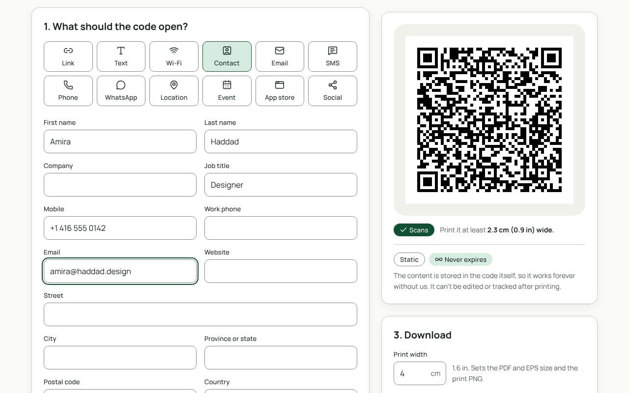 The QRfinity generator with Contact selected, a name, job title, mobile number and email filled in, and a print width of 2.5 cm set for a business card.