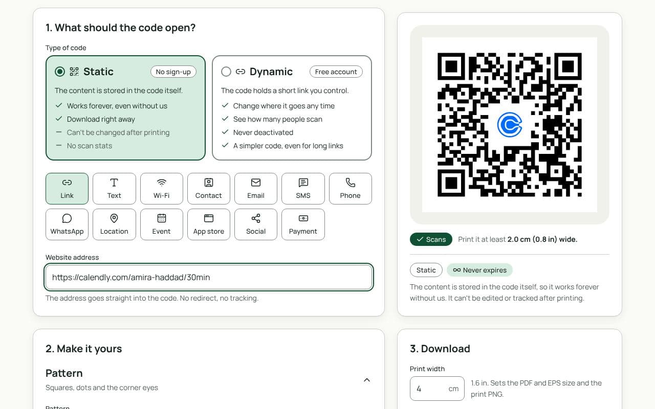 The QRfinity generator with a Calendly booking link in Website address and a code with the Calendly logo in the middle.
