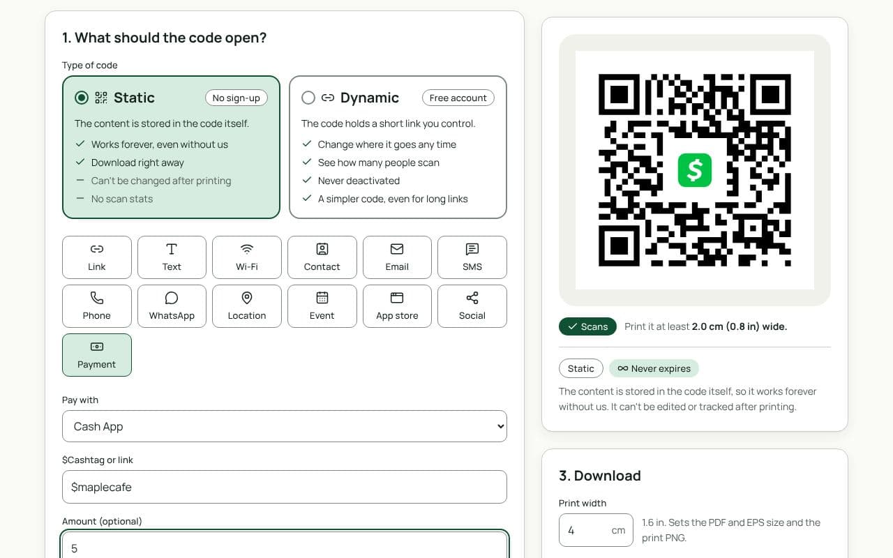The QRfinity generator with Payment selected, Cash App chosen, a $Cashtag and an amount filled in, and a code with the Cash App logo in the middle.