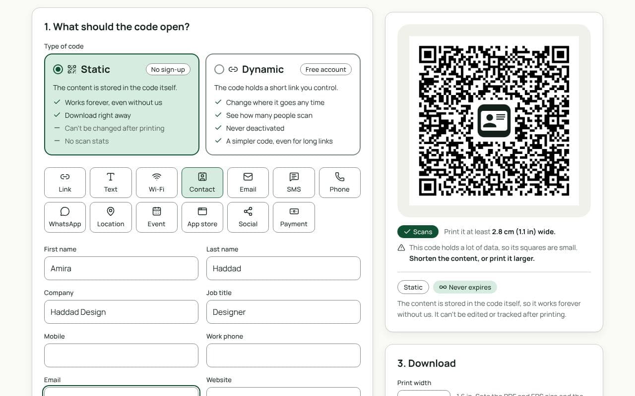 The QRfinity generator with the contact card fields filled in and a preview of the contact card QR code.