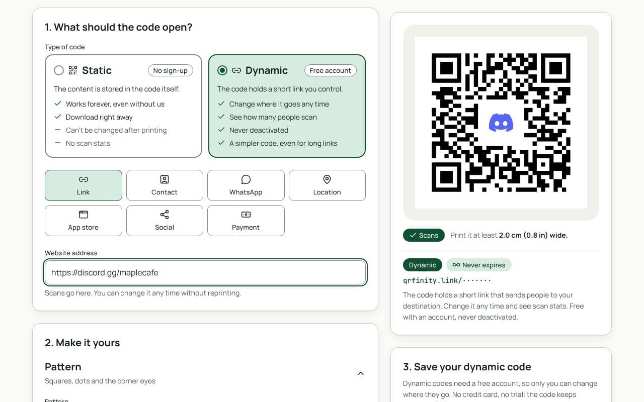 The QRfinity generator set to a dynamic code, with a discord.gg invite in Website address and a code with the Discord logo in the middle.