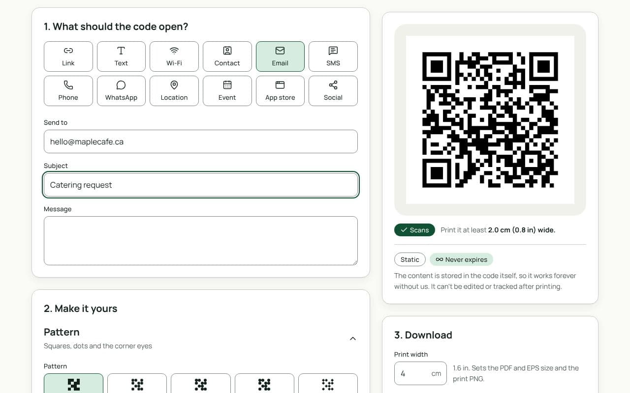 The QRfinity generator with Email selected, a send-to address, subject and message filled in, and the preview showing a scannable code.