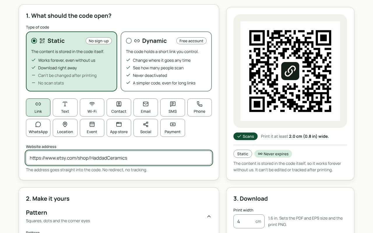 The QRfinity generator with an Etsy shop link in “Website address” and a preview of the scannable code.
