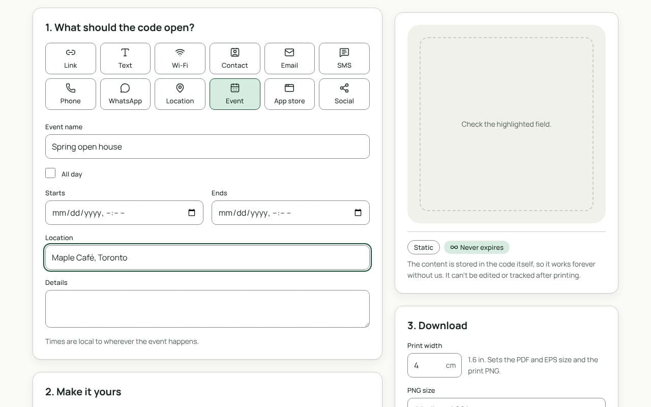The QRfinity generator with Event selected, an event name, start and end times and a venue filled in, and the preview showing a scannable code.