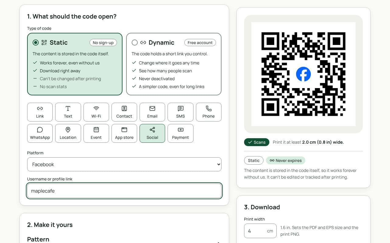 The QRfinity generator with Social selected, Facebook chosen as the platform, a page name filled in, and a code with the Facebook logo in the middle.