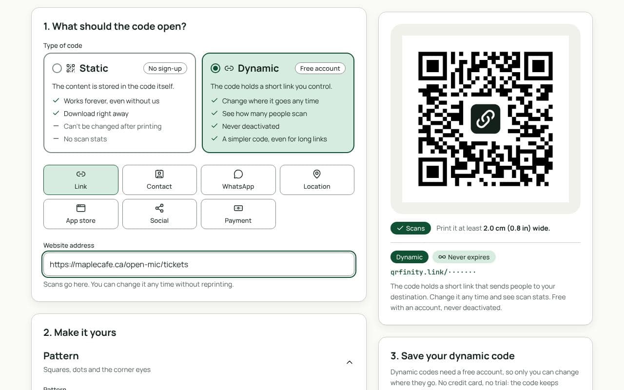 The QRfinity generator with an event ticket link in “Website address” and a preview of the scannable code.