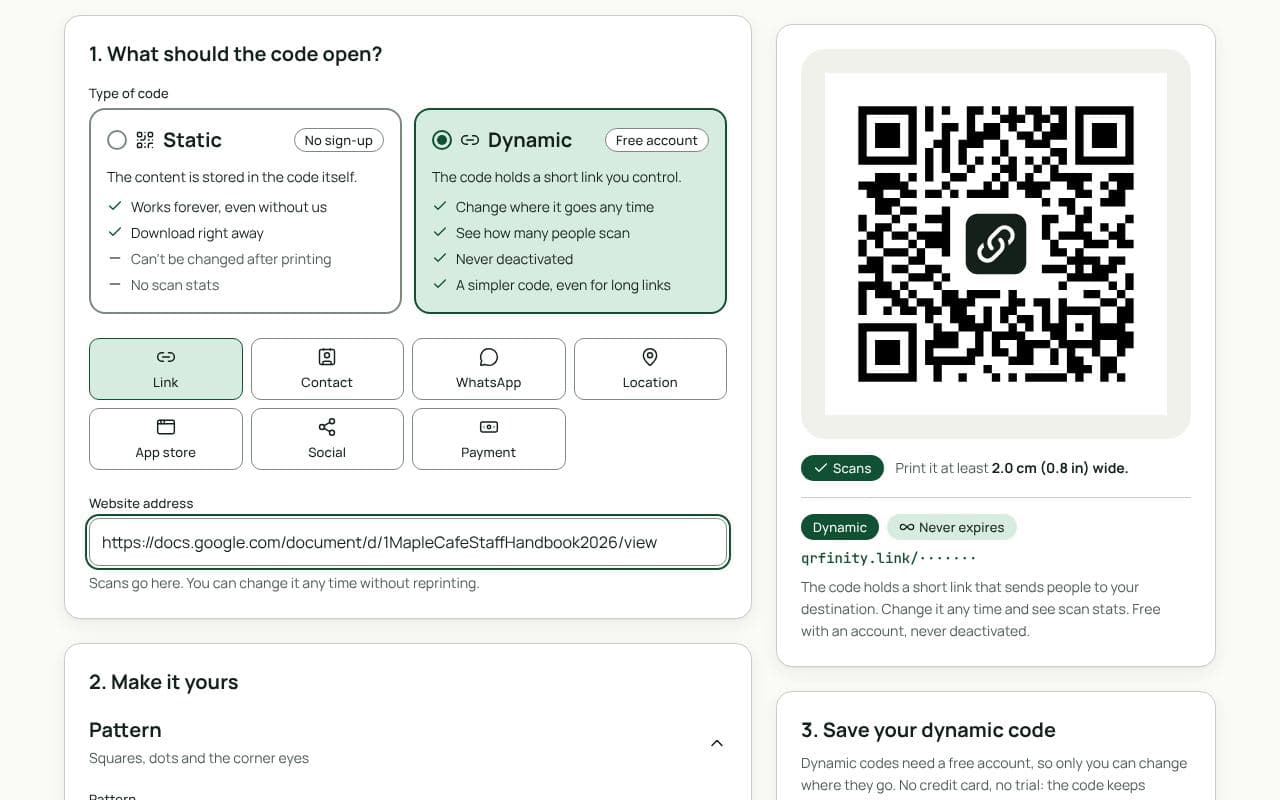 The QRfinity generator set to a dynamic code, with a Google Docs link in Website address and the code passing the scan check.