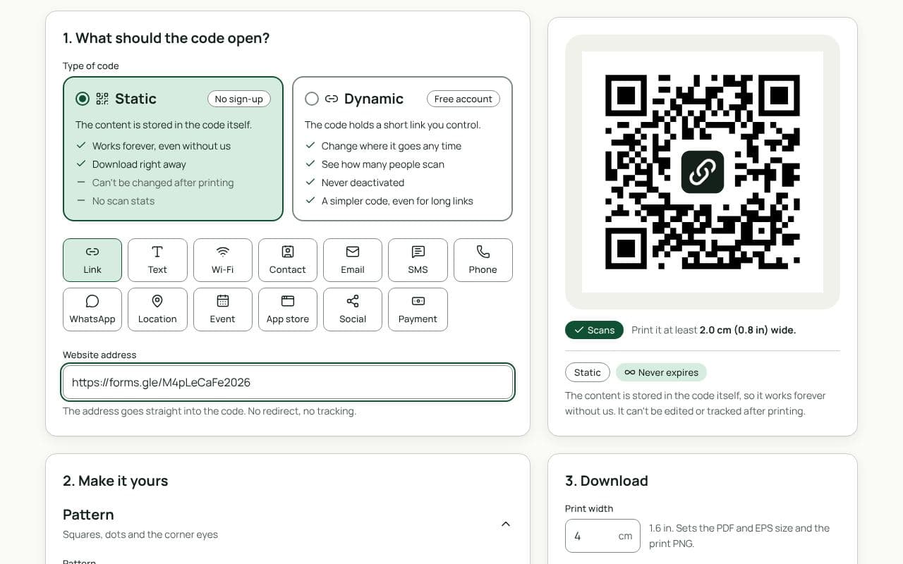 The QRfinity generator with a forms.gle link in Website address and the code preview passing the scan check.