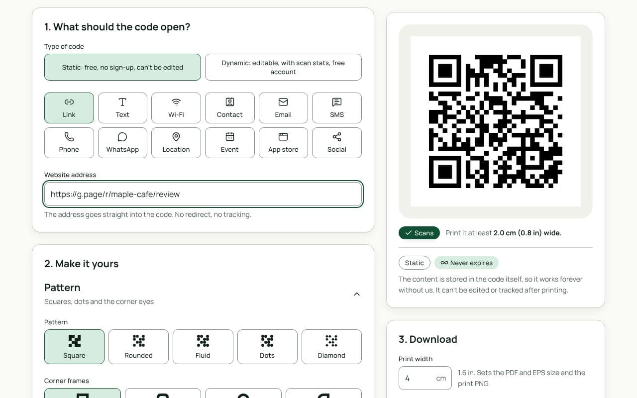 The QRfinity generator with Link selected, a Google review link in the website address field, Dynamic chosen, and a code with a “Review us” frame.