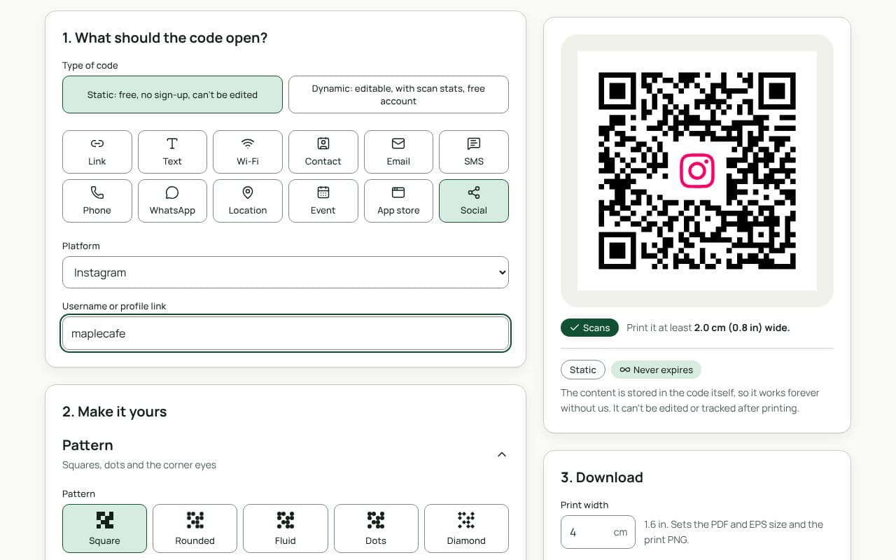 The QRfinity generator with Social selected, Instagram chosen as the platform, a username filled in, and a code with a “Follow us” frame.