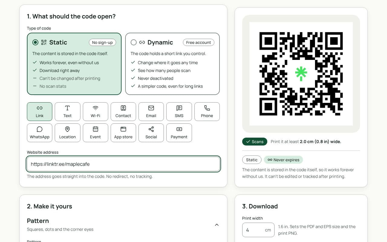 The QRfinity generator with a Linktree link in Website address and a code with the Linktree logo in the middle.