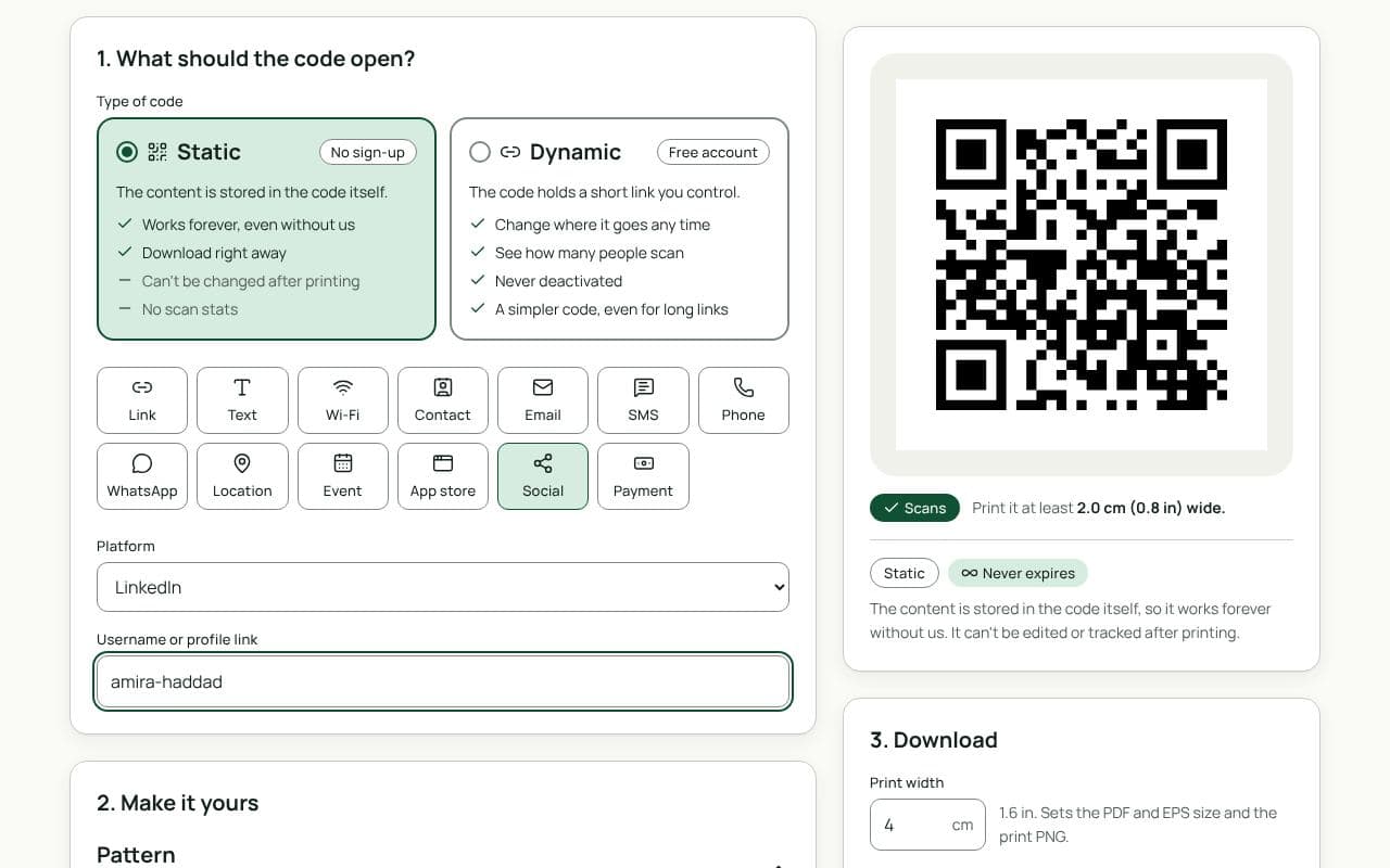 The QRfinity generator with Social selected, LinkedIn chosen as the platform, and a profile username filled in.