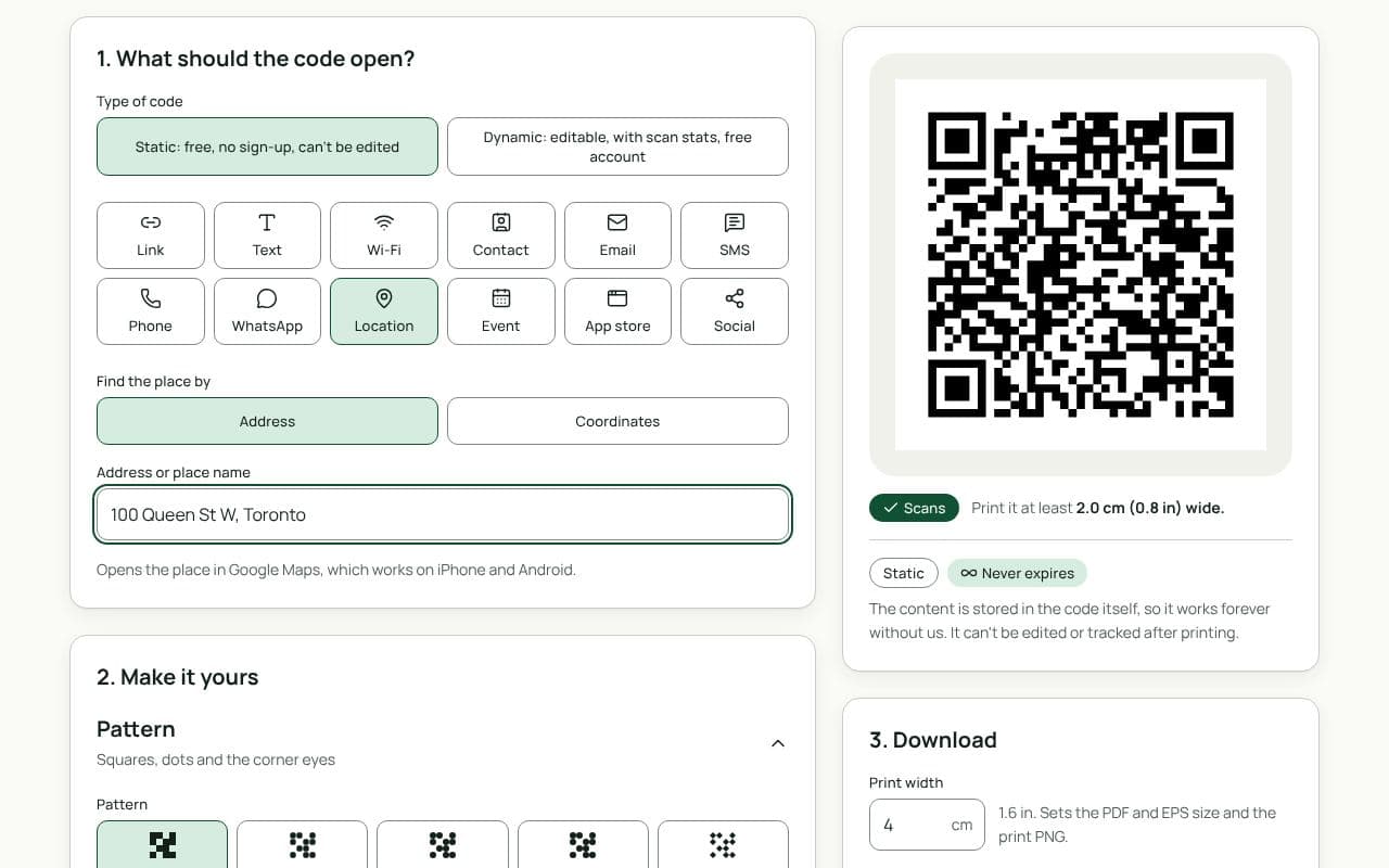 The QRfinity generator with Location selected, an address typed into “Address or place name”, and the preview showing a scannable code.