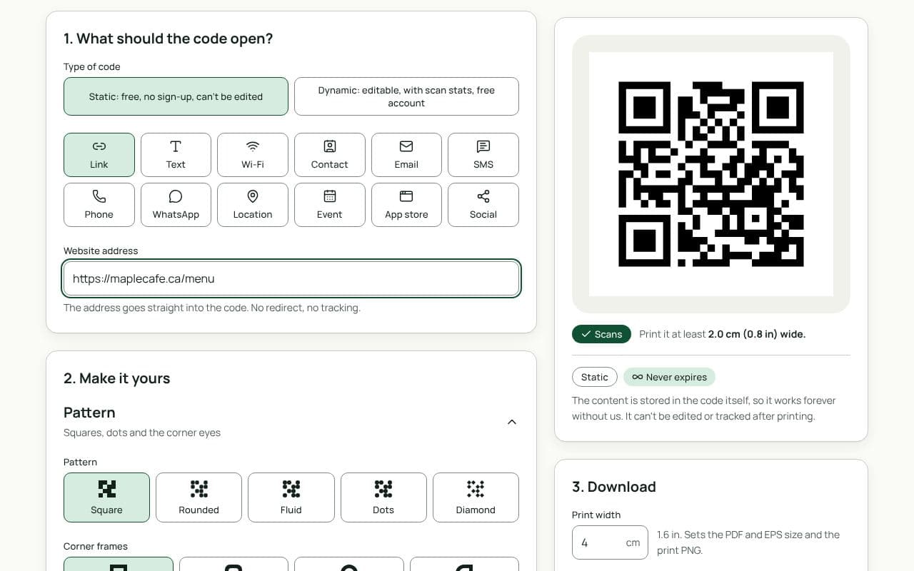 The QRfinity generator with Link selected, an online menu address filled in, Dynamic chosen, and a code with a “Menu” frame.