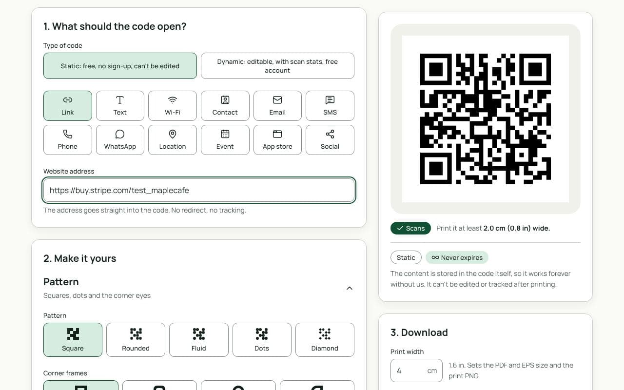 The QRfinity generator with Link selected, a payment link in “Website address”, a “Scan to pay” frame, and the preview showing a scannable code.