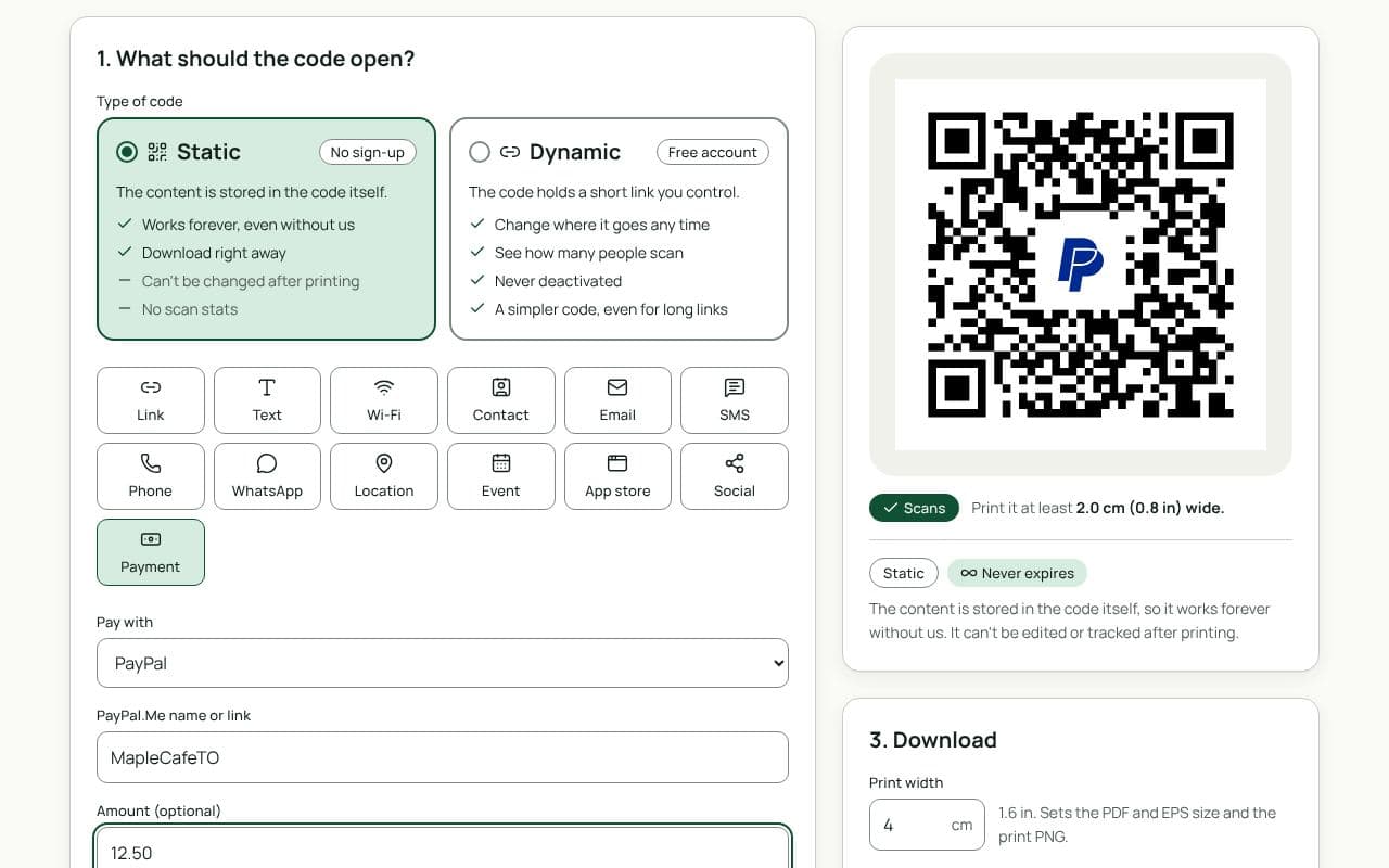 The QRfinity generator with Payment selected, PayPal chosen, a PayPal.Me name and an amount filled in, and a code with the PayPal logo in the middle.