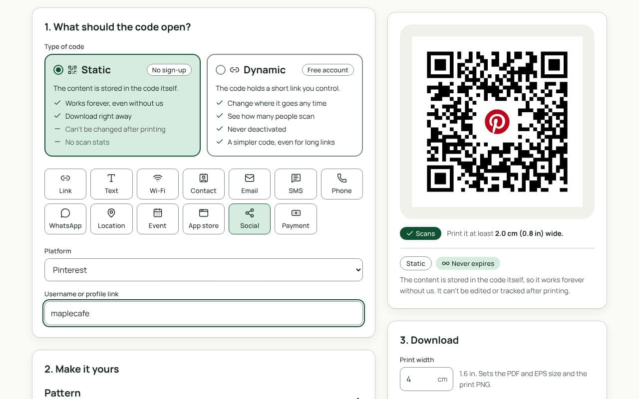 The QRfinity generator with Social selected, Pinterest chosen as the platform, a username filled in, and a code with the Pinterest logo in the middle.