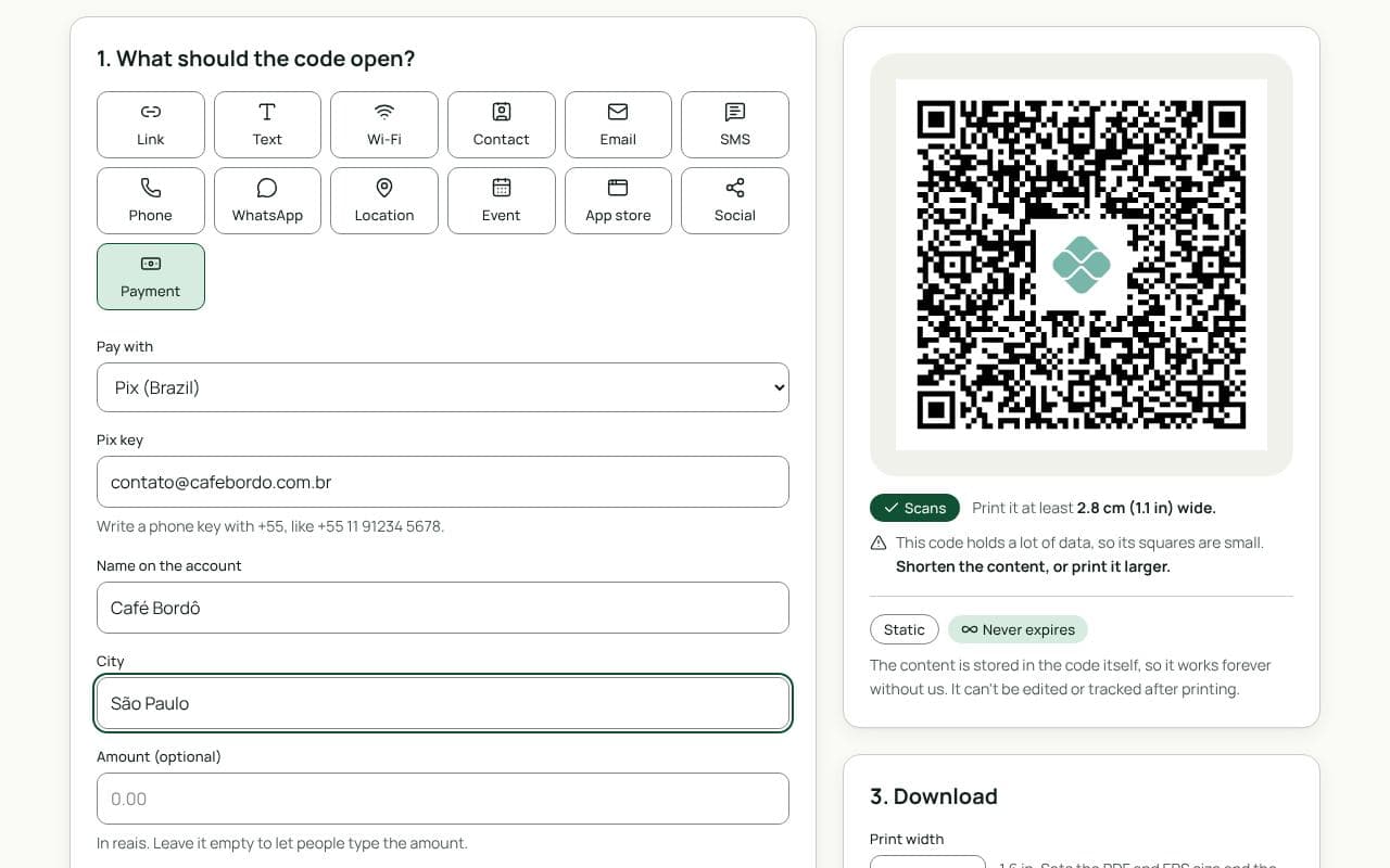 The QRfinity generator with Payment selected, Pix chosen, a Pix key, name and city filled in, and a code with the Pix logo in the middle.