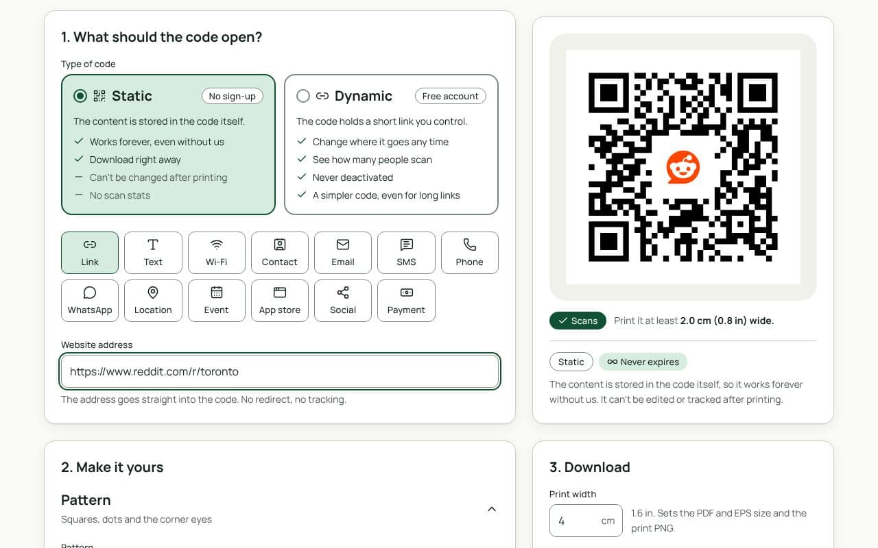 The QRfinity generator with a subreddit link in Website address and a code with the Reddit logo in the middle.