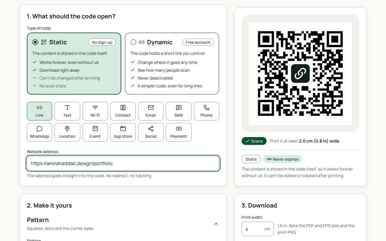 The QRfinity generator with a portfolio link in Website address and a plain black code passing the scan check.
