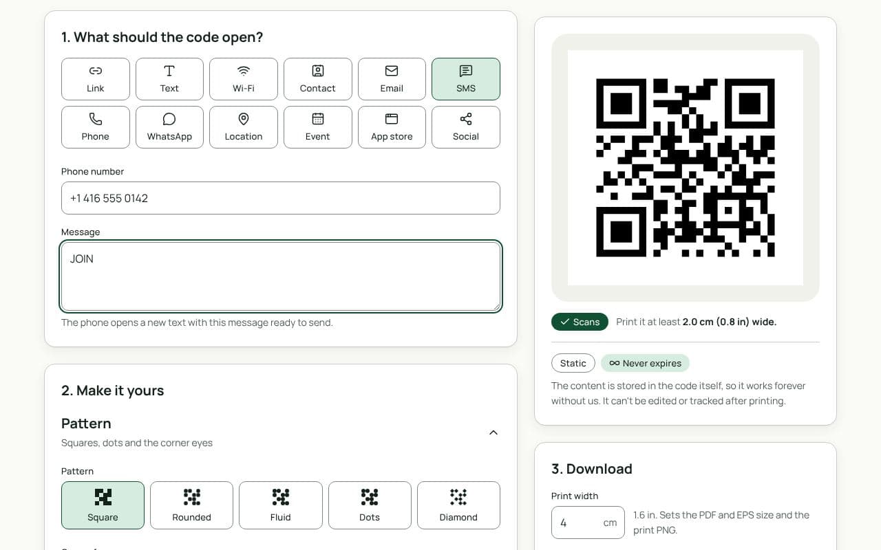 The QRfinity generator with SMS selected, a phone number and the message “JOIN” filled in, and the preview showing a scannable code.