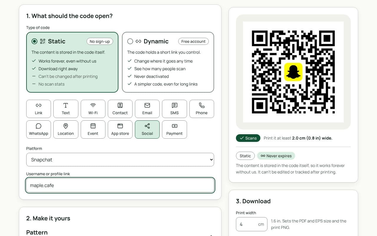The QRfinity generator with Social selected, Snapchat chosen as the platform, a username filled in, and a code with the Snapchat ghost in the middle.