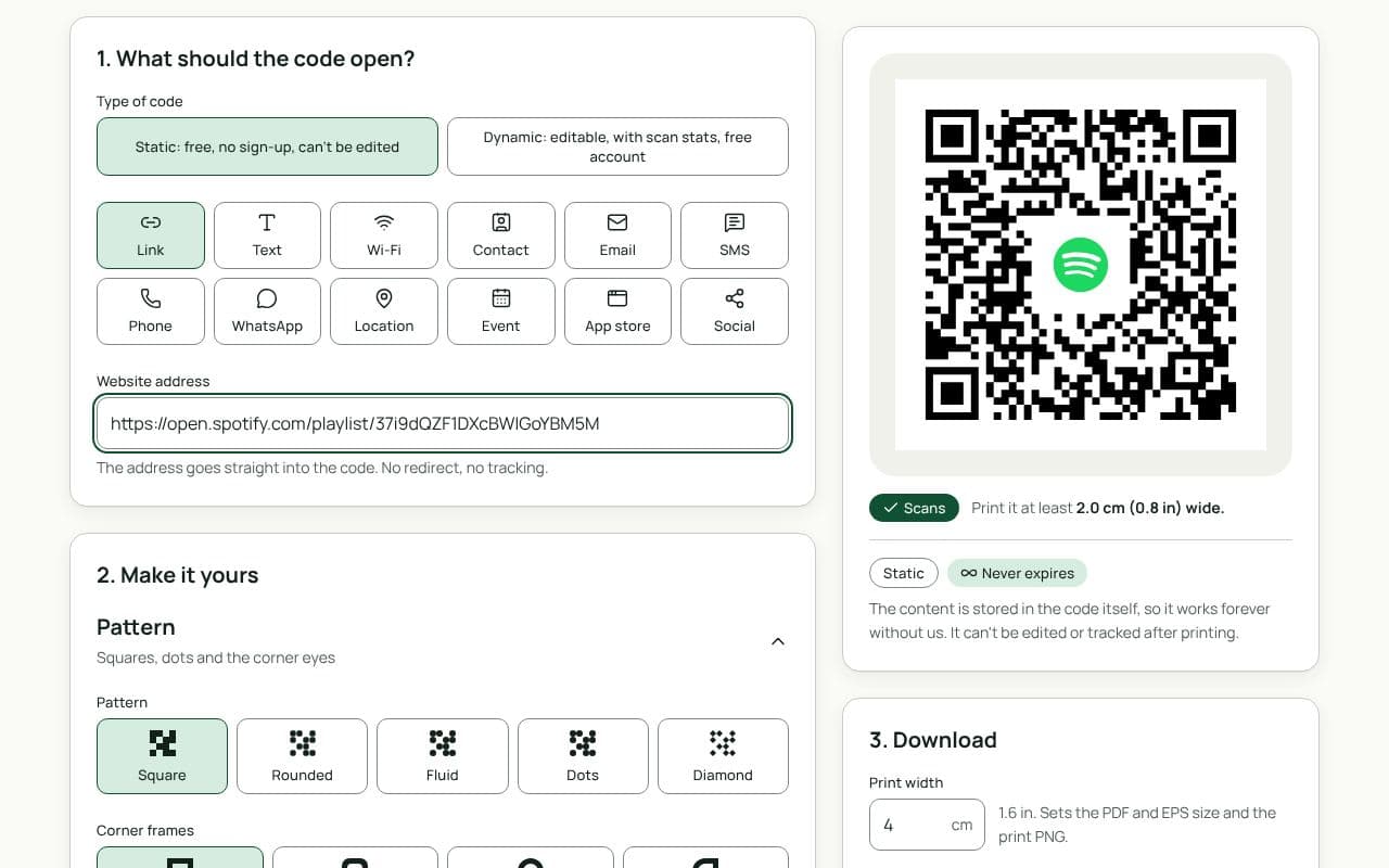 The QRfinity generator with Link selected, a Spotify playlist link in “Website address”, and the preview showing a scannable code.