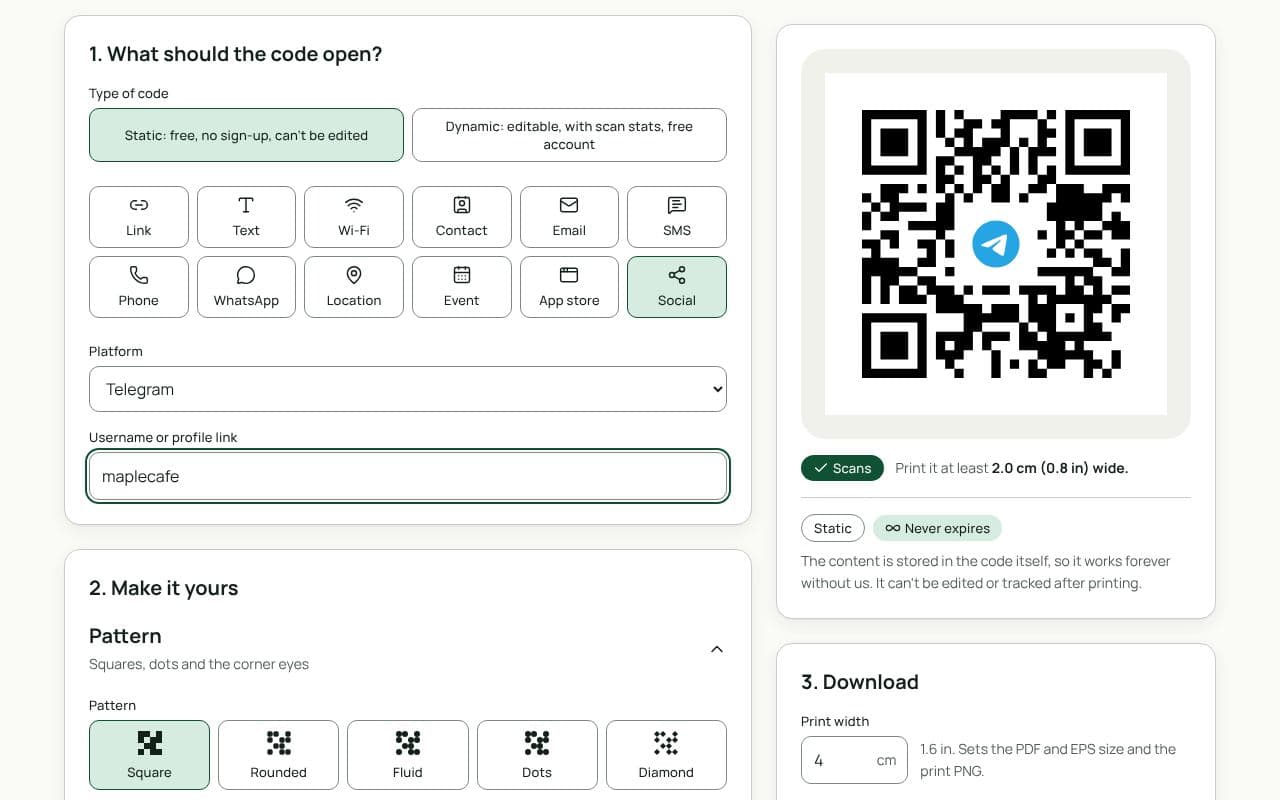 The QRfinity generator with Social selected, Telegram chosen as the platform, a username filled in, and a code with the Telegram logo in the middle.