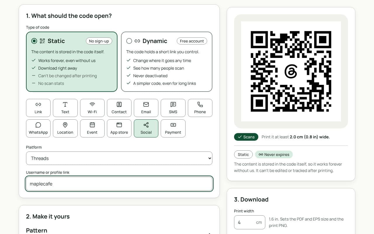 The QRfinity generator with Social selected, Threads chosen as the platform, a username filled in, and a code with the Threads logo in the middle.