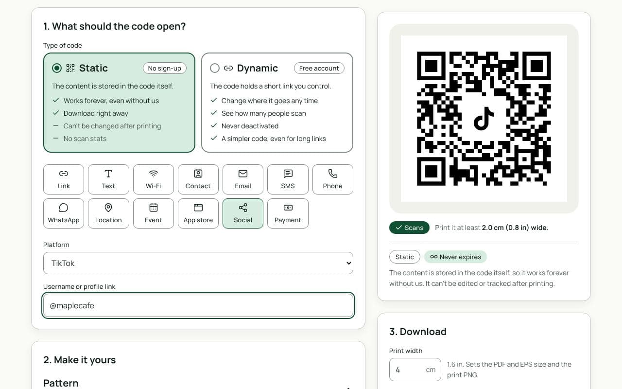 The QRfinity generator with Social selected, TikTok chosen as the platform, a username filled in, and a code with the TikTok logo in the middle.