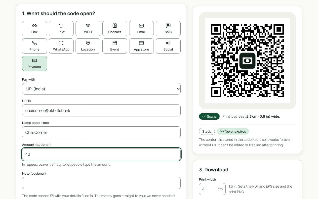 The QRfinity generator with Payment selected, UPI chosen, a UPI ID and name filled in, and a scannable payment code with a frame.