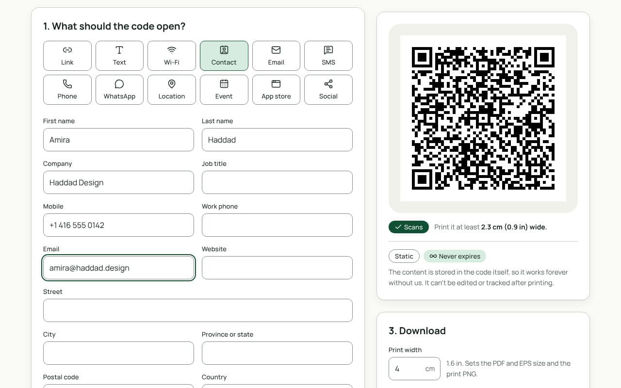 The QRfinity generator with Contact selected, a name, company, mobile number and email filled in, and the preview showing a scannable contact code.