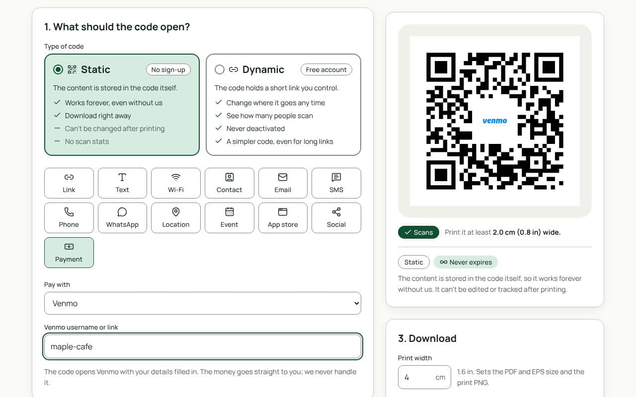 The QRfinity generator with Payment selected, Venmo chosen, a username filled in, and a code with the Venmo logo in the middle.