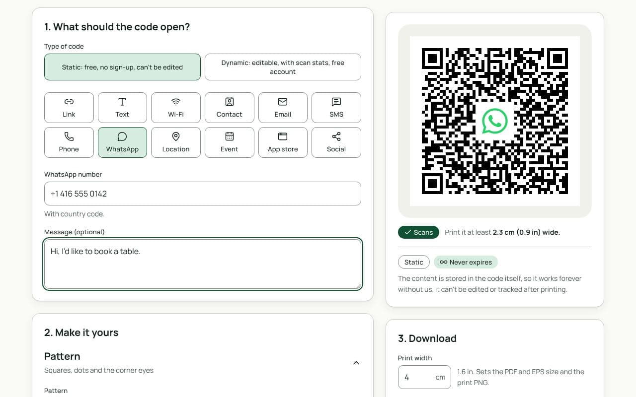 The QRfinity generator with WhatsApp selected, an international phone number and a pre-filled message entered, and the preview showing a scannable code.