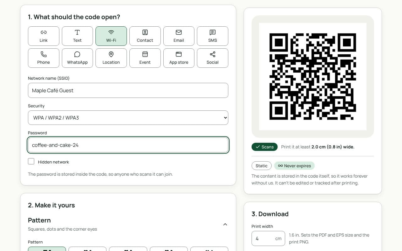 The QRfinity generator with Wi-Fi selected, a network name and password filled in, and the preview showing a scannable code.