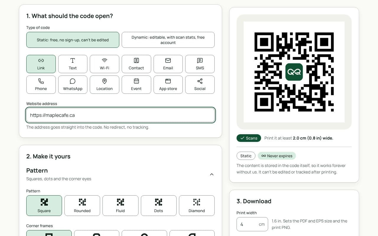 The QRfinity generator with Link selected, a logo uploaded in the centre of the code, the logo size slider visible and the scan check showing the code scans.