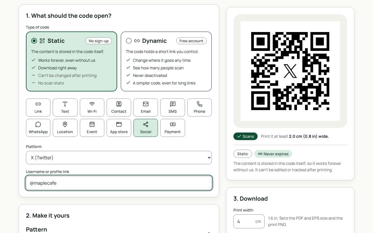 The QRfinity generator with Social selected, X (Twitter) chosen as the platform, a handle filled in, and a code with the X logo in the middle.