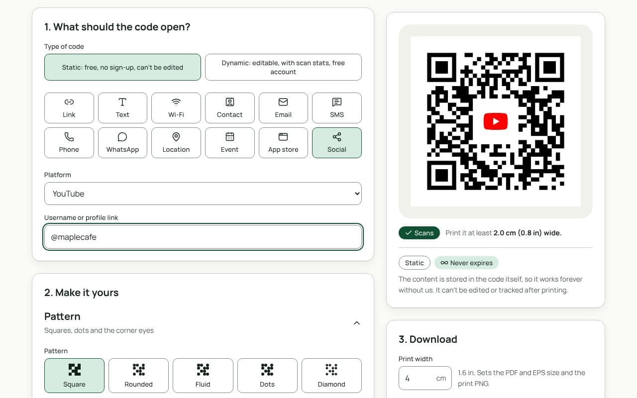 The QRfinity generator with Social selected, YouTube chosen as the platform, a channel handle entered, and the preview showing a scannable code.