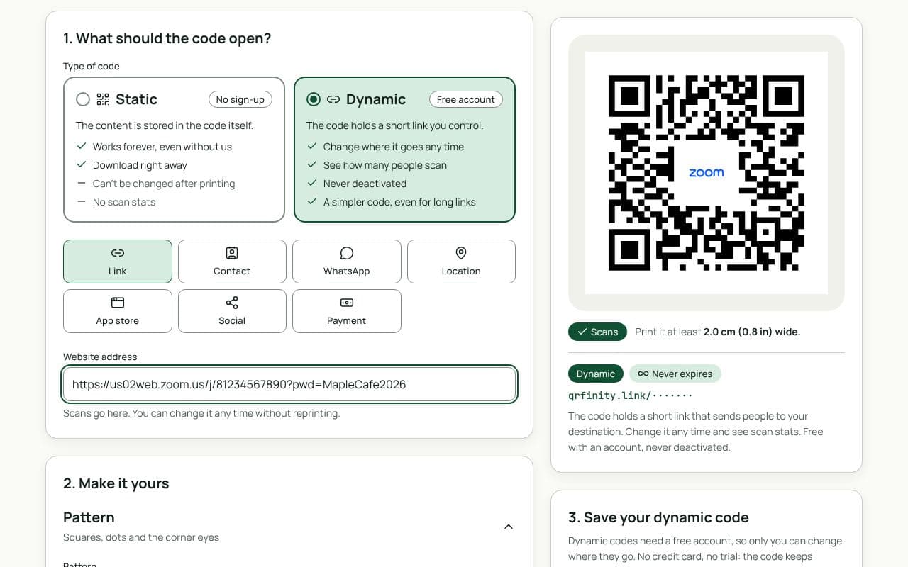The QRfinity generator set to a dynamic code, with a Zoom meeting link in Website address and a code with the Zoom logo in the middle.